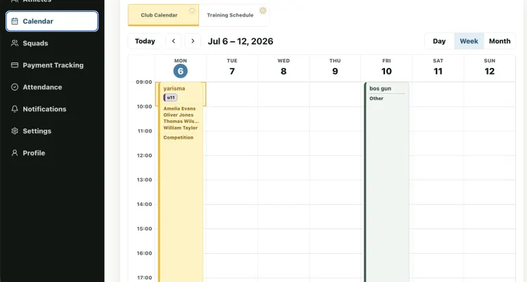 Training calendar weekly schedule screen